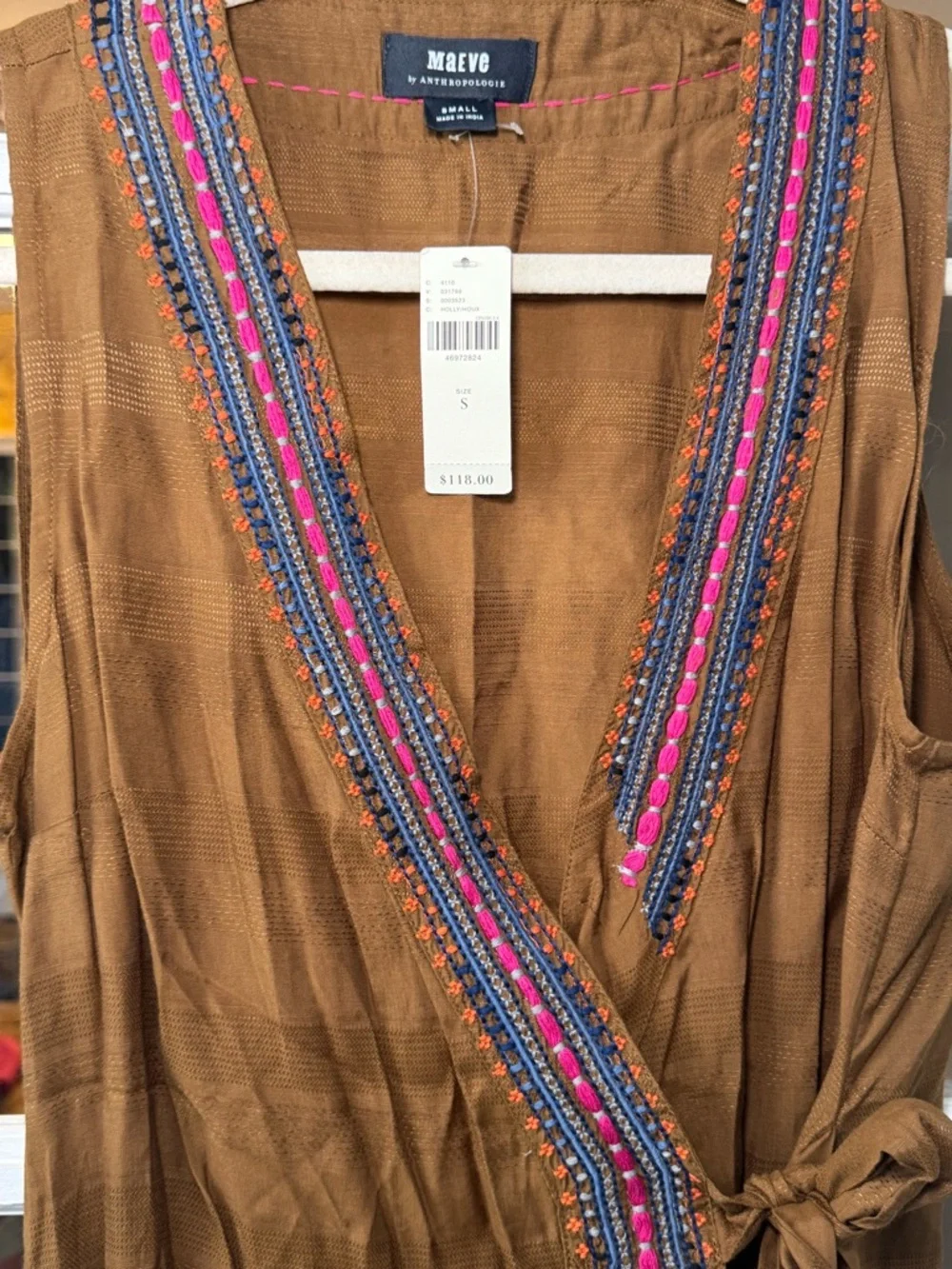 👜🌺🔅 Anthropologie Maeve Brown Embroidered Wrap Tank with Pink & Blue Trim 🔅🌺👜